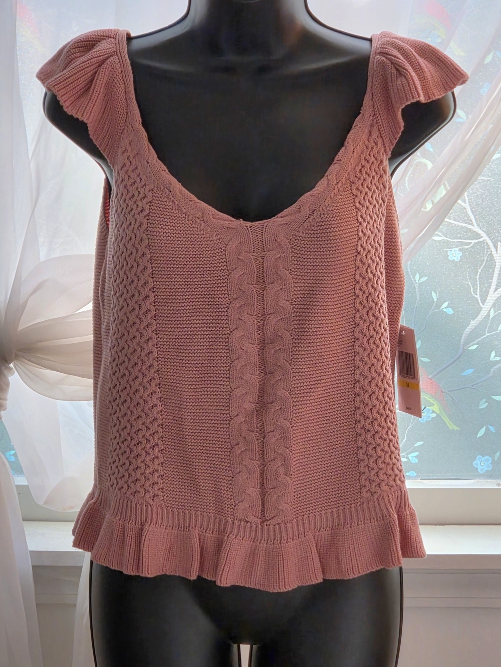 Jessica Simpson Dusty Rose Ruffled Cable-Knit V-Neck Sweater Tank